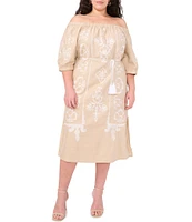 Vince Camuto Plus Off-The-Shoulder 3/4 Sleeve Belted Shift Midi Dress
