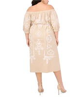 Vince Camuto Plus Off-The-Shoulder 3/4 Sleeve Belted Shift Midi Dress