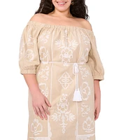Vince Camuto Plus Off-The-Shoulder 3/4 Sleeve Belted Shift Midi Dress