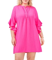 Vince Camuto Plus Size 3/4 Flutter Sleeve Split V-Neck Rumple Shift Dress