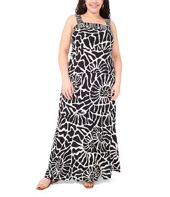 Vince Camuto Plus Size Abstract Printed Woven Square Neck Sleeveless Tiered Maxi Shift Dress