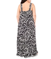 Vince Camuto Plus Size Abstract Printed Woven Square Neck Sleeveless Tiered Maxi Shift Dress