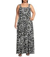 Vince Camuto Plus Size Abstract Printed Woven Square Neck Sleeveless Tiered Maxi Shift Dress