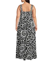 Vince Camuto Plus Size Abstract Printed Woven Square Neck Sleeveless Tiered Maxi Shift Dress