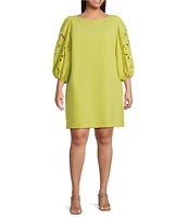 Vince Camuto Plus Size Boat Neck 3/4 Laser-Cut Puff Sleeve Shift Dress