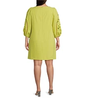 Vince Camuto Plus Size Boat Neck 3/4 Laser-Cut Puff Sleeve Shift Dress