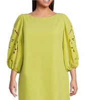 Vince Camuto Plus Size Boat Neck 3/4 Laser-Cut Puff Sleeve Shift Dress