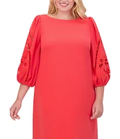Vince Camuto Plus Size Boat Neck 3/4 Laser-Cut Puff Sleeve Shift Dress