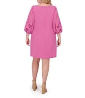 Vince Camuto Plus Size Boat Neck 3/4 Laser-Cut Puff Sleeve Shift Dress