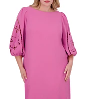 Vince Camuto Plus Size Boat Neck 3/4 Laser-Cut Puff Sleeve Shift Dress