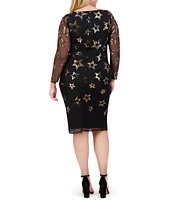 Vince Camuto Plus Size Boat Neck Long Sleeve Star Sequin Sheath Dress