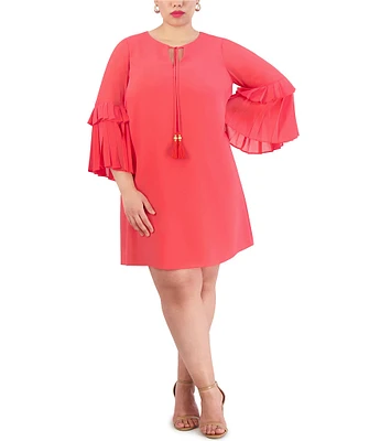 Vince Camuto Plus Size Chiffon Keyhole Tie Round Neck 3/4 Pleated 3/4 Sleeve Shift Dress