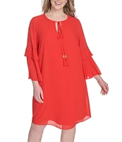 Vince Camuto Plus Size Chiffon Keyhole Tie Round Neck 3/4 Pleated 3/4 Sleeve Shift Dress