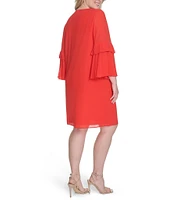 Vince Camuto Plus Size Chiffon Keyhole Tie Round Neck 3/4 Pleated 3/4 Sleeve Shift Dress