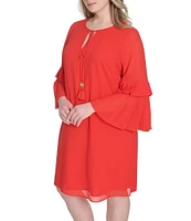 Vince Camuto Plus Size Chiffon Keyhole Tie Round Neck 3/4 Pleated 3/4 Sleeve Shift Dress