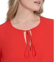 Vince Camuto Plus Size Chiffon Keyhole Tie Round Neck 3/4 Pleated 3/4 Sleeve Shift Dress