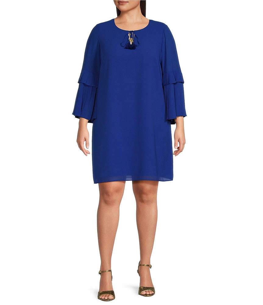 Vince Camuto Plus Size Chiffon Keyhole Tie Round Neck 3/4 Pleated 3/4 Sleeve Shift Dress