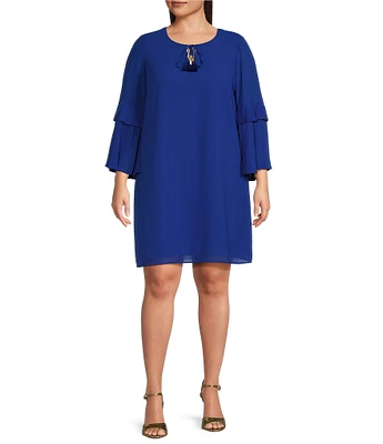 Vince Camuto Plus Size Chiffon Keyhole Tie Round Neck 3/4 Pleated 3/4 Sleeve Shift Dress
