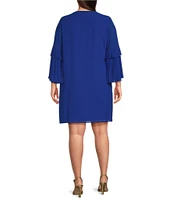 Vince Camuto Plus Size Chiffon Keyhole Tie Round Neck 3/4 Pleated 3/4 Sleeve Shift Dress