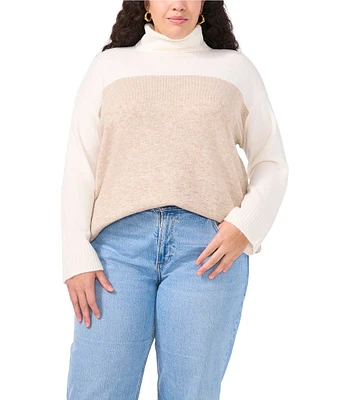 Vince Camuto Plus Size Color Block Knit Cowl Mock Neck Dropped Long Sleeve Sweater