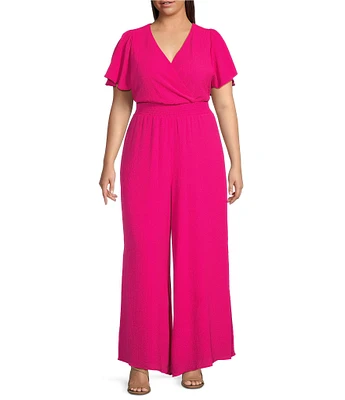 Vince Camuto Plus Size Crepe V-Neck Short Flutter Sleeve Smocked Waist Wide Leg Full Length Jumpsuit