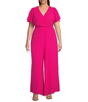 Vince Camuto Plus Size Crepe V-Neck Short Flutter Sleeve Smocked Waist Wide Leg Full Length Jumpsuit