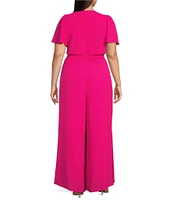 Vince Camuto Plus Size Crepe V-Neck Short Flutter Sleeve Smocked Waist Wide Leg Full Length Jumpsuit