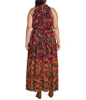 Vince Camuto Plus Size Floral Chiffon Halter Neck Sleeveless Smocked Waist A-Line Maxi Dress