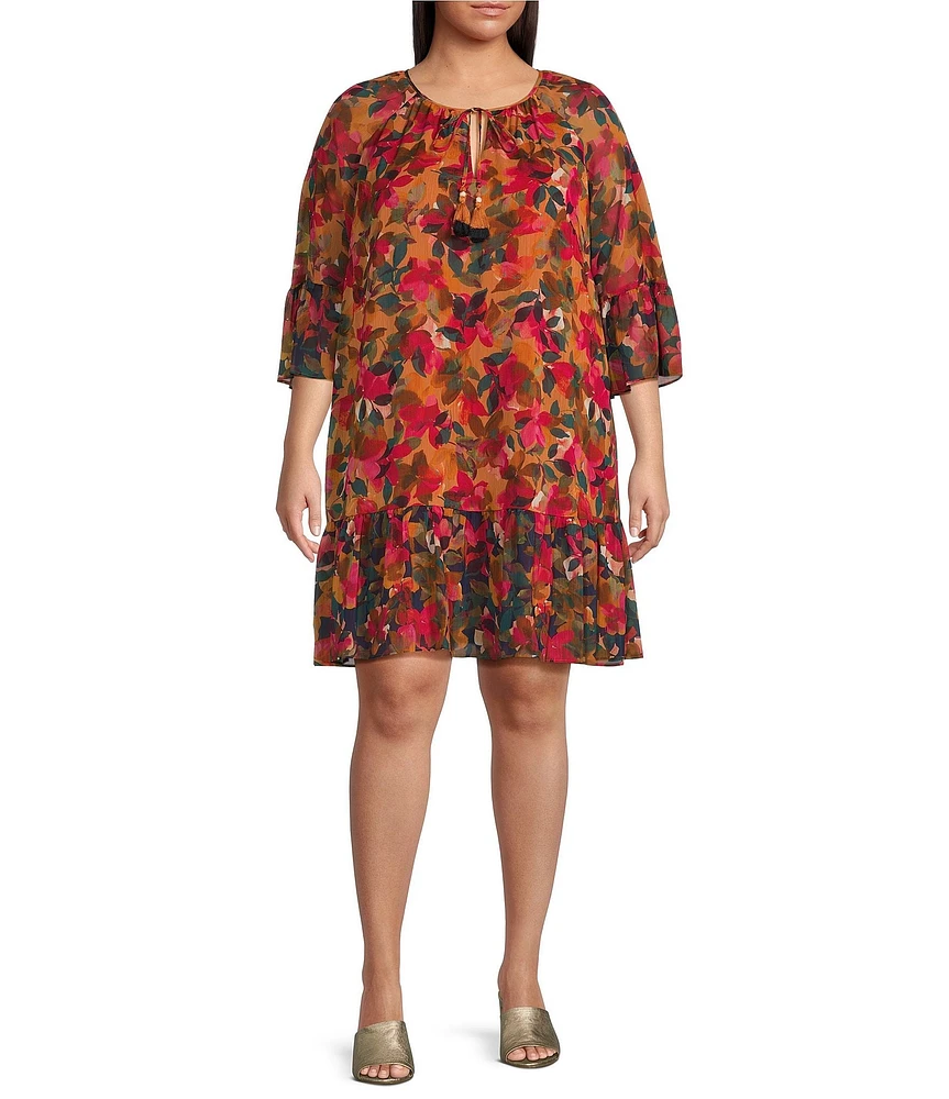 Vince Camuto Plus Size Floral Chiffon Tie Front Neck 3/4 Sleeve Float Dress