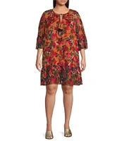 Vince Camuto Plus Size Floral Chiffon Tie Front Neck 3/4 Sleeve Float Dress