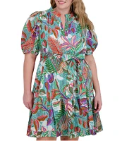Vince Camuto Plus Size Floral Print V-Neck Short Puff Sleeve Printed Tie Waist Dress