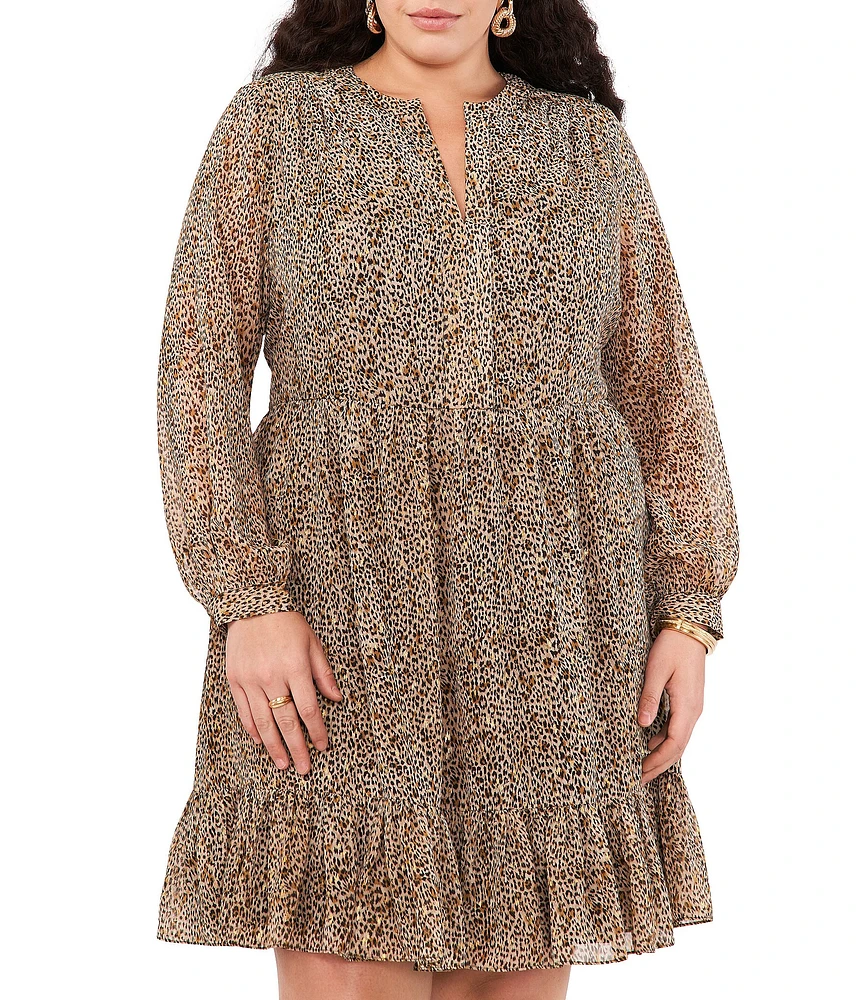 Vince Camuto Plus Size Foiled Leopard Print Long Sleeve Split V-Neck Tiered Chiffon Babydoll Dress