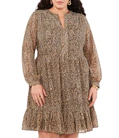 Vince Camuto Plus Size Foiled Leopard Print Long Sleeve Split V-Neck Tiered Chiffon Babydoll Dress