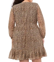 Vince Camuto Plus Size Foiled Leopard Print Long Sleeve Split V-Neck Tiered Chiffon Babydoll Dress