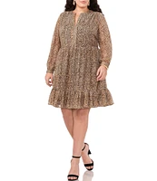 Vince Camuto Plus Size Foiled Leopard Print Long Sleeve Split V-Neck Tiered Chiffon Babydoll Dress