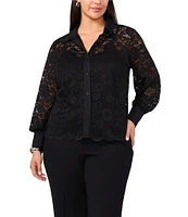 Vince Camuto Plus Size Garden Knit Lace Point Collar Button Front Long Sleeve Blouse