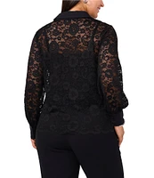 Vince Camuto Plus Size Garden Knit Lace Point Collar Button Front Long Sleeve Blouse