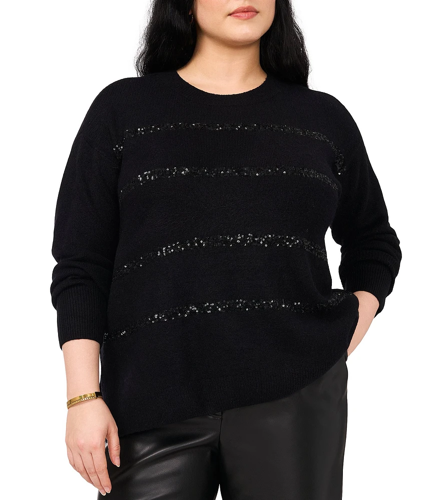 Vince Camuto Plus Size Knit Sequin Stripe Crew Neck Dropped Long Sleeve Pullover Sweater