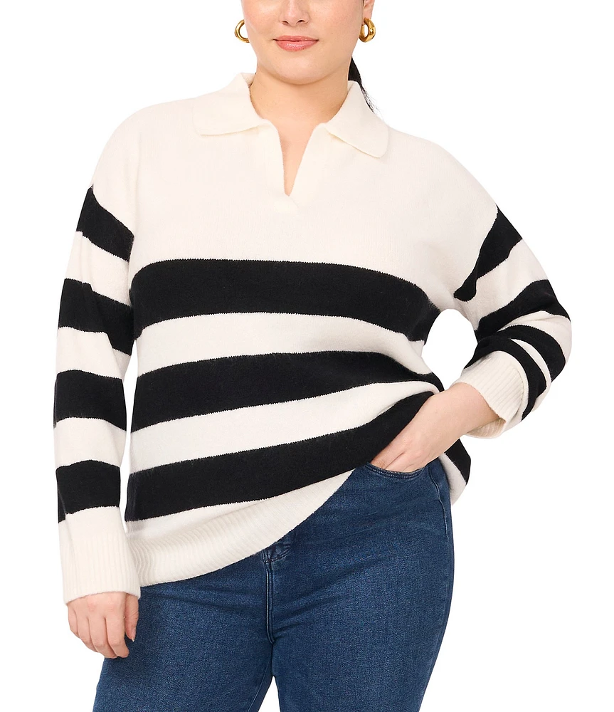 Vince Camuto Plus Size Knit Stripe Print V-Neck Long Sleeve Sweater