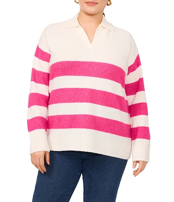 Vince Camuto Plus Size Knit Stripe Print V-Neck Long Sleeve Sweater