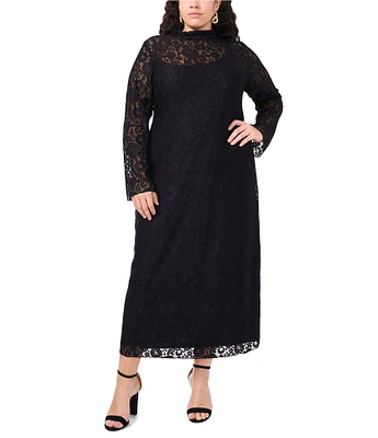 Vince Camuto Plus Size Lace Mock Neck Long Sleeve Midi Flounce Sheath Dress