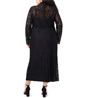 Vince Camuto Plus Size Lace Mock Neck Long Sleeve Midi Flounce Sheath Dress