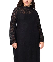 Vince Camuto Plus Size Lace Mock Neck Long Sleeve Midi Flounce Sheath Dress