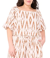 Vince Camuto Plus Size Linen Blend Printed Square Neckline Short Raglan Sleeve Coordinating Blouse