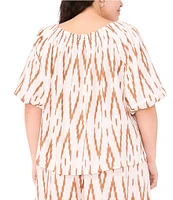Vince Camuto Plus Size Linen Blend Printed Square Neckline Short Raglan Sleeve Coordinating Blouse