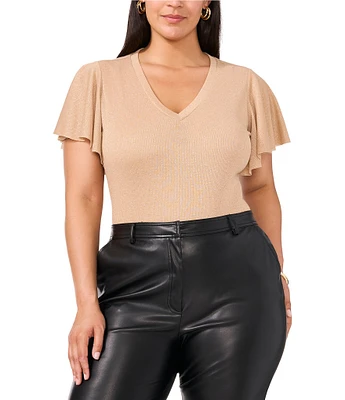 Vince Camuto Plus Size Lurex Knit V-Neck Short Ruffle Sleeve Blouse