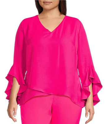 Vince Camuto Plus Size Luxe Crepe De Chine 3/4 Ruffle Sleeve V-Neck Crisscross Hem Tunic