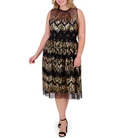 Vince Camuto Plus Size Metallic Chevron Tulle Halter Neck Sleeveless A-Line Midi Flounce Dress