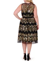 Vince Camuto Plus Size Metallic Chevron Tulle Halter Neck Sleeveless A-Line Midi Flounce Dress