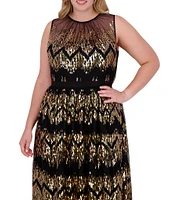 Vince Camuto Plus Size Metallic Chevron Tulle Halter Neck Sleeveless A-Line Midi Flounce Dress